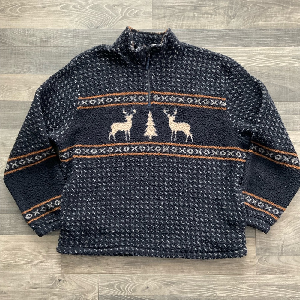 Old Navy Sherpa 1/4 Quarter Zip Deer Pullover Men's LARGE Black Outdoor Fleece